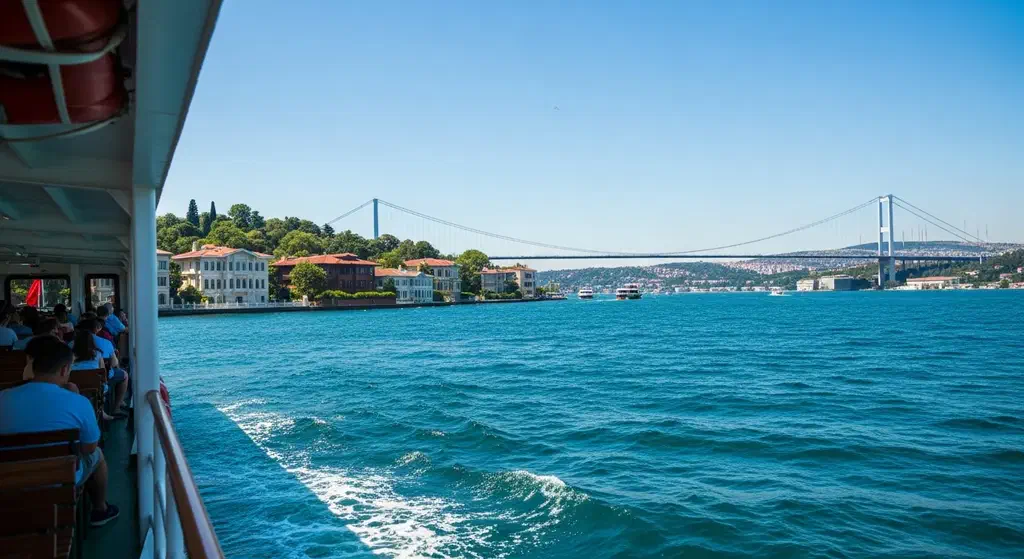 A Şehir Hatları passenger ferry crossing the Bosphorus in Istanbul on a bright summer day with the breeze on deck