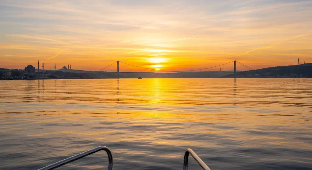 Sunrise over the Bosphorus seen from the deck of a passenger ferry, Historic Peninsula skyline ahead