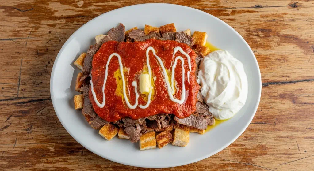 A plate of Bursa-style İskender kebab with tomato sauce, melted butter and yogurt