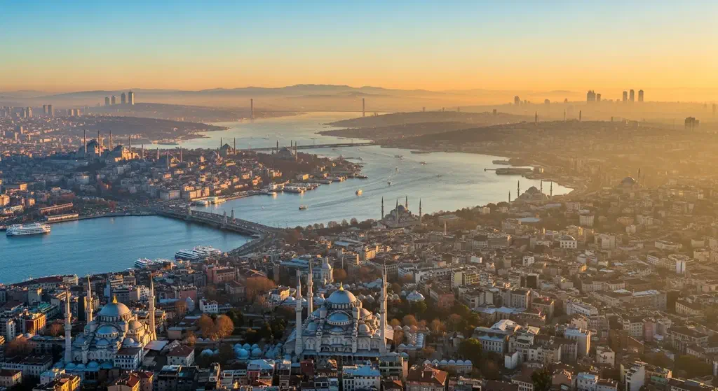 Dawn light spreading over the Istanbul skyline and Bosphorus seen from Büyük Çamlıca Hill