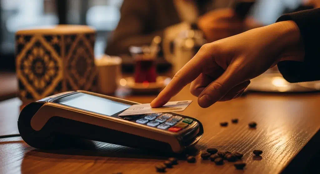 A hand tapping a contactless bank card on a payment terminal at an Istanbul café