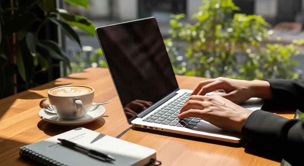 A remote worker typing on a laptop beside a flat white in a sunlit Istanbul café