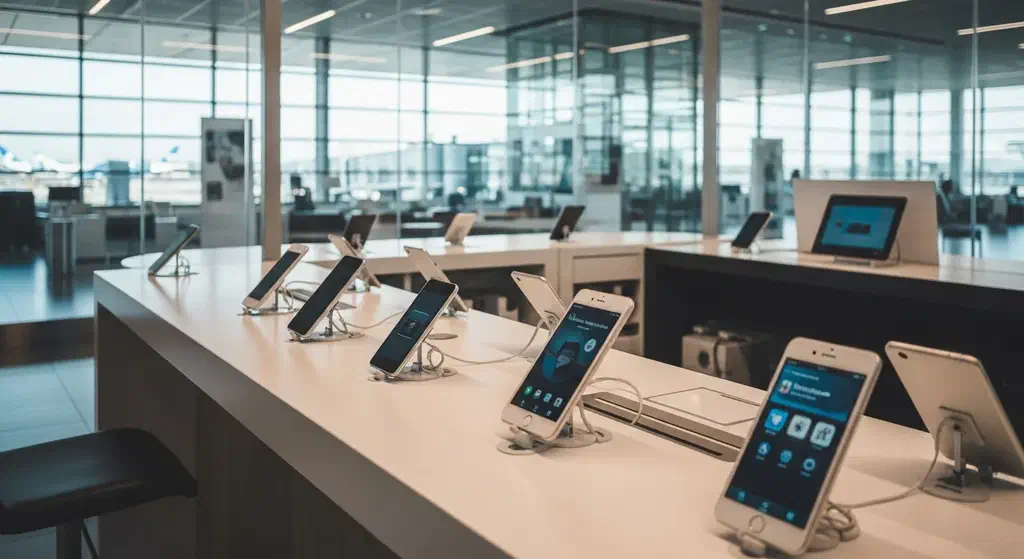 Telecom operator desks in the arrivals hall at Istanbul Airport