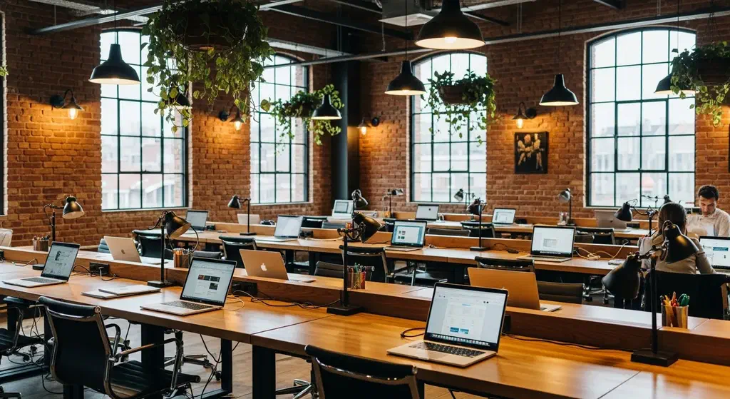 A bright, plant-filled coworking space in Istanbul with people working at wooden desks