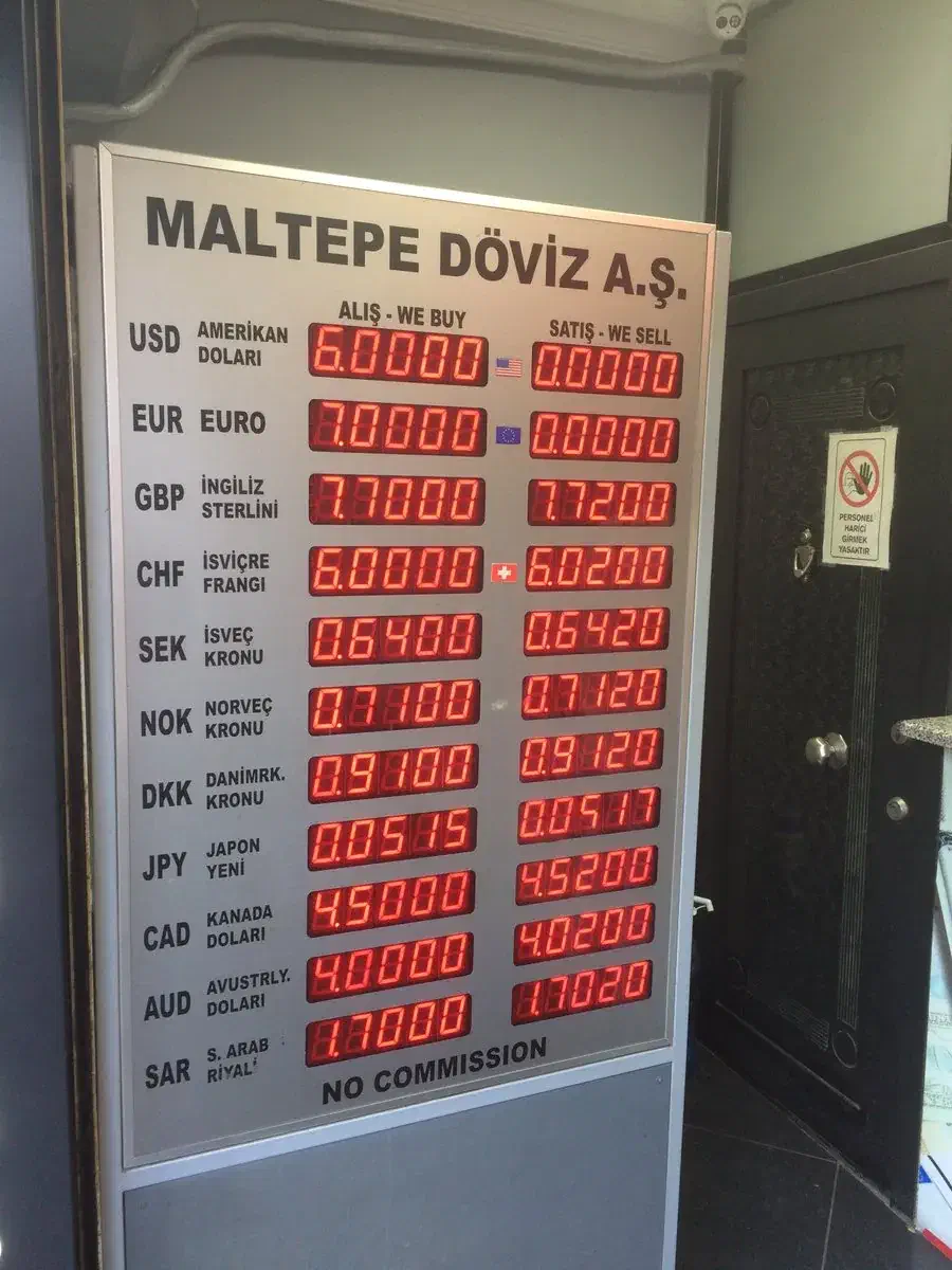 A no-commission döviz exchange office in central Istanbul showing live buy and sell rates