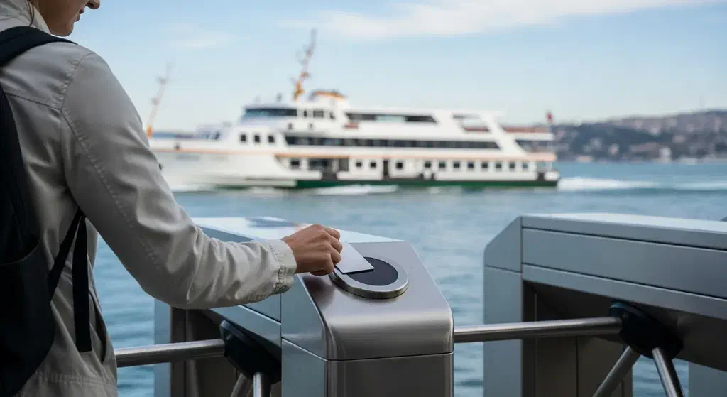 A passenger tapping an Istanbulkart at a ferry terminal turnstile on the Bosphorus in Istanbul