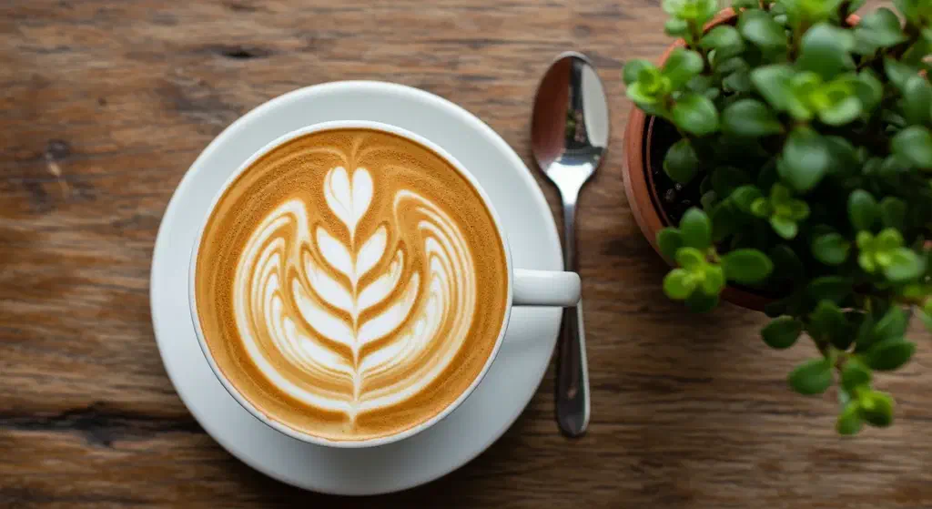 A flat white with latte art on a wooden table at an Istanbul specialty café
