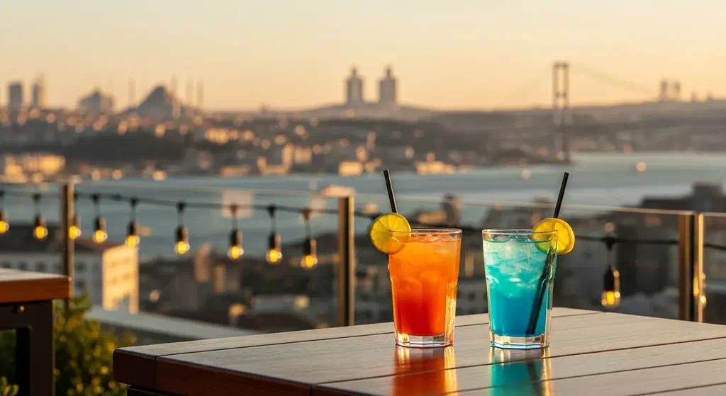 Cocktails on a rooftop bar table at golden hour with the Istanbul skyline behind