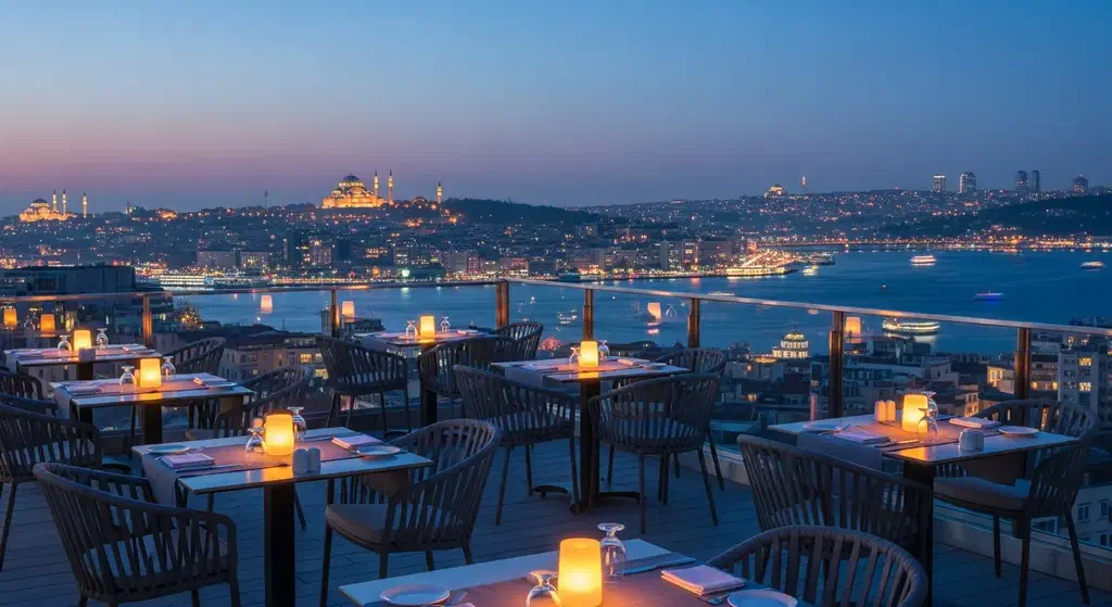A stylish Istanbul rooftop terrace at dusk with candlelit tables and city lights