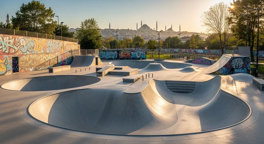 Modern outdoor skate park in Istanbul at golden hour