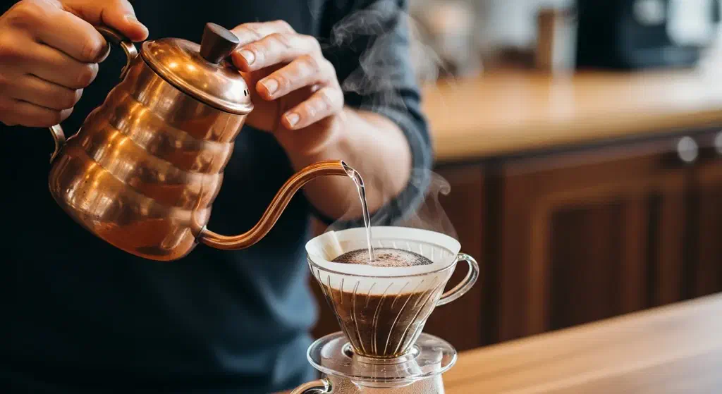 A barista pouring water from a gooseneck kettle into a V60 pour-over at an Istanbul café