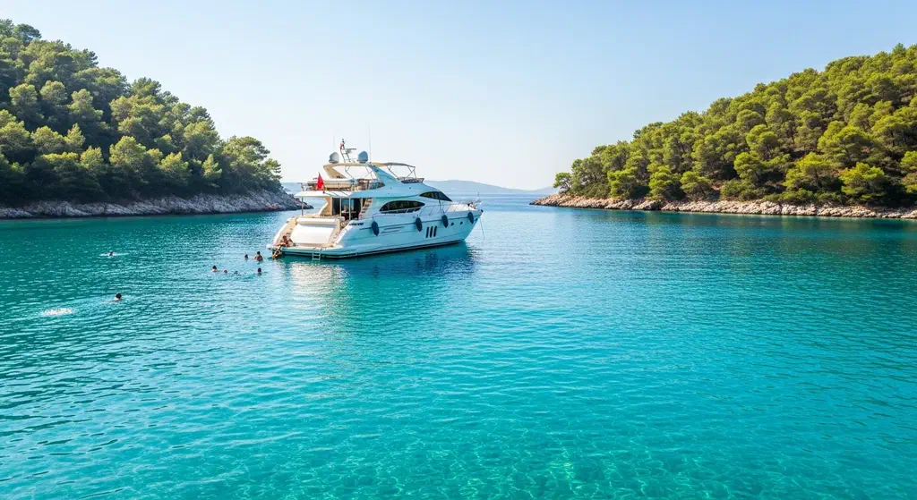 A yacht anchored in a calm Princes Islands cove near Istanbul with people swimming off the deck