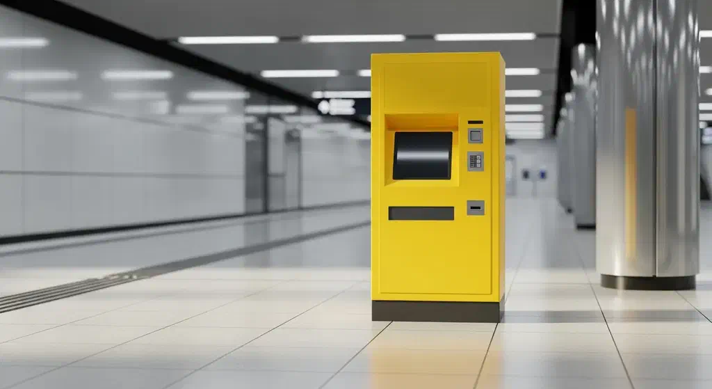 A yellow Biletmatik vending machine selling and topping up Istanbulkart at a metro station in Istanbul