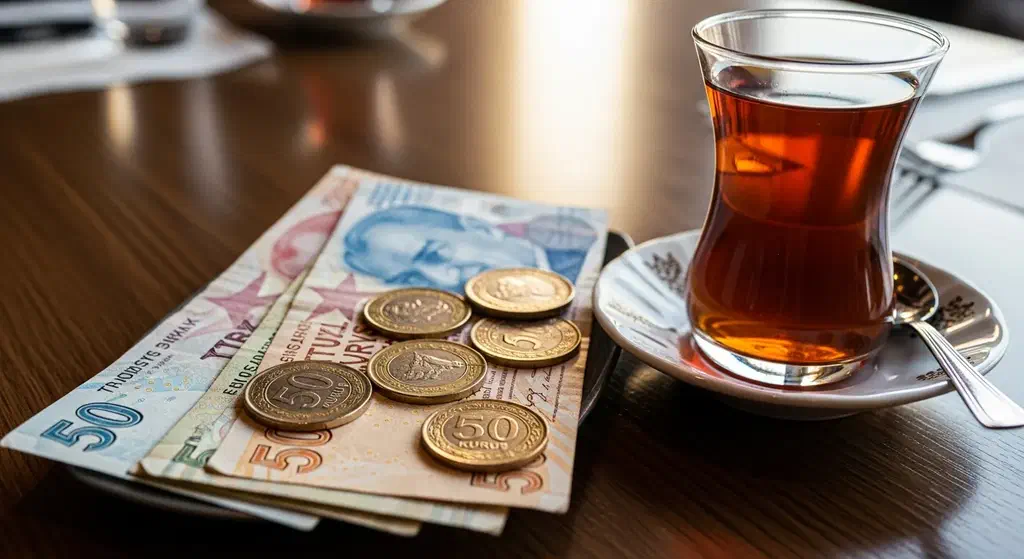 Turkish lira notes and coins left as a cash tip beside a tulip glass of tea