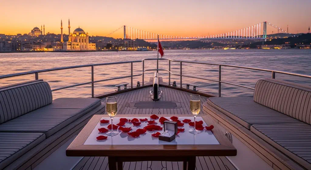 A couple on the bow of a private yacht at sunset on the Bosphorus, the Maiden's Tower glowing pink behind them