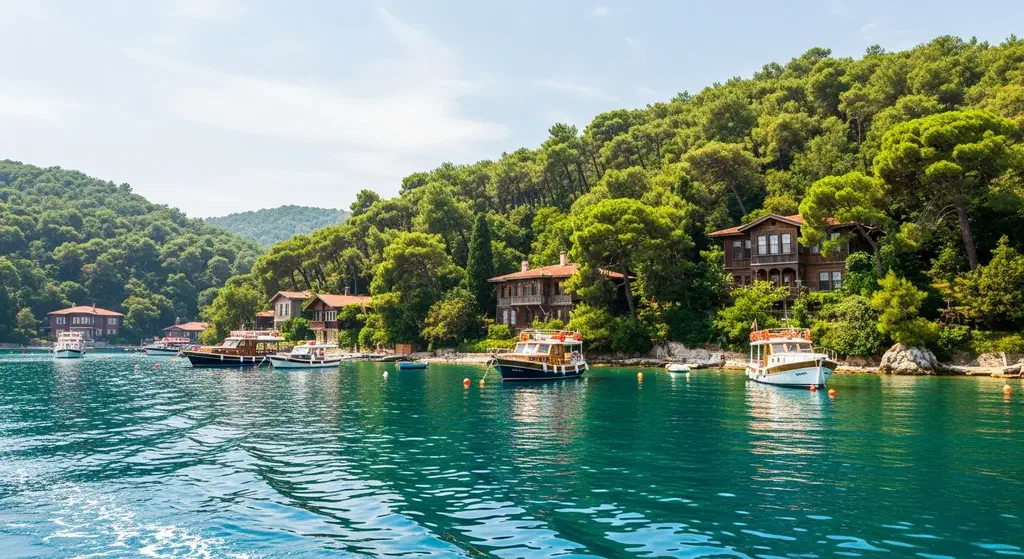 The pine-covered coastline of the Princes Islands seen from the sea with boats anchored in a quiet bay