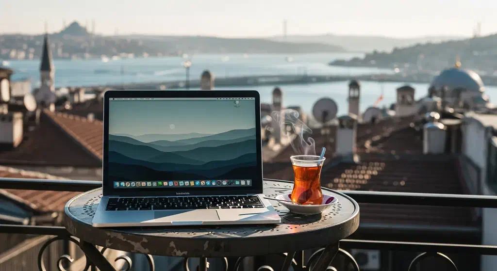 A laptop and a glass of Turkish tea on a café balcony overlooking the Bosphorus at sunrise