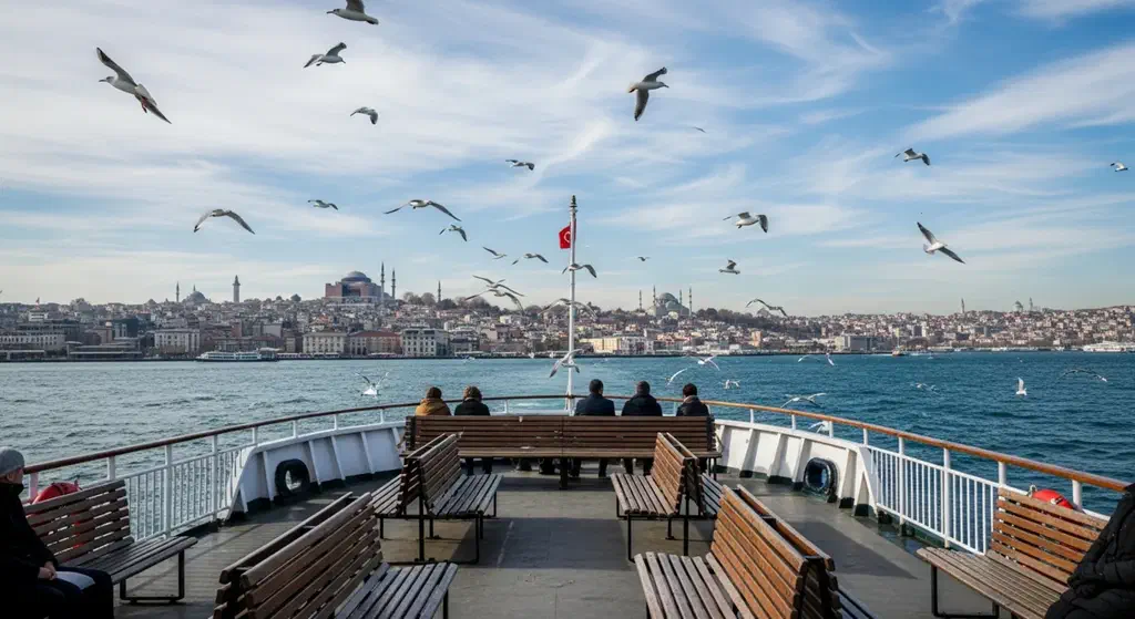 Sehir Hatlari ferry deck with passengers watching the Bosphorus shoreline from open-air seating