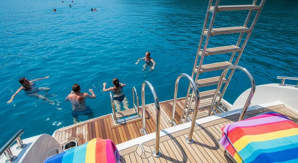 People swimming off the swim platform and ladder of a yacht in a sheltered bay near Istanbul