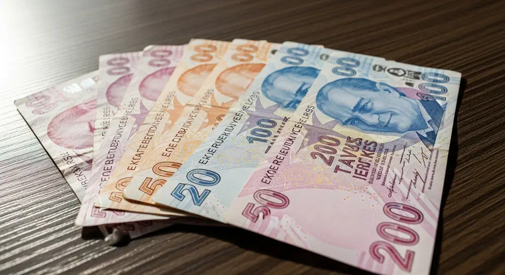 Turkish lira banknotes fanned out, the cash you use day to day in Istanbul
