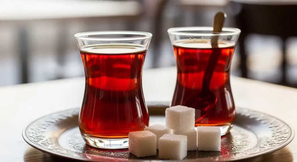 Two tulip glasses of Turkish çay on a small tray, the drink you order with Bir çay lütfen