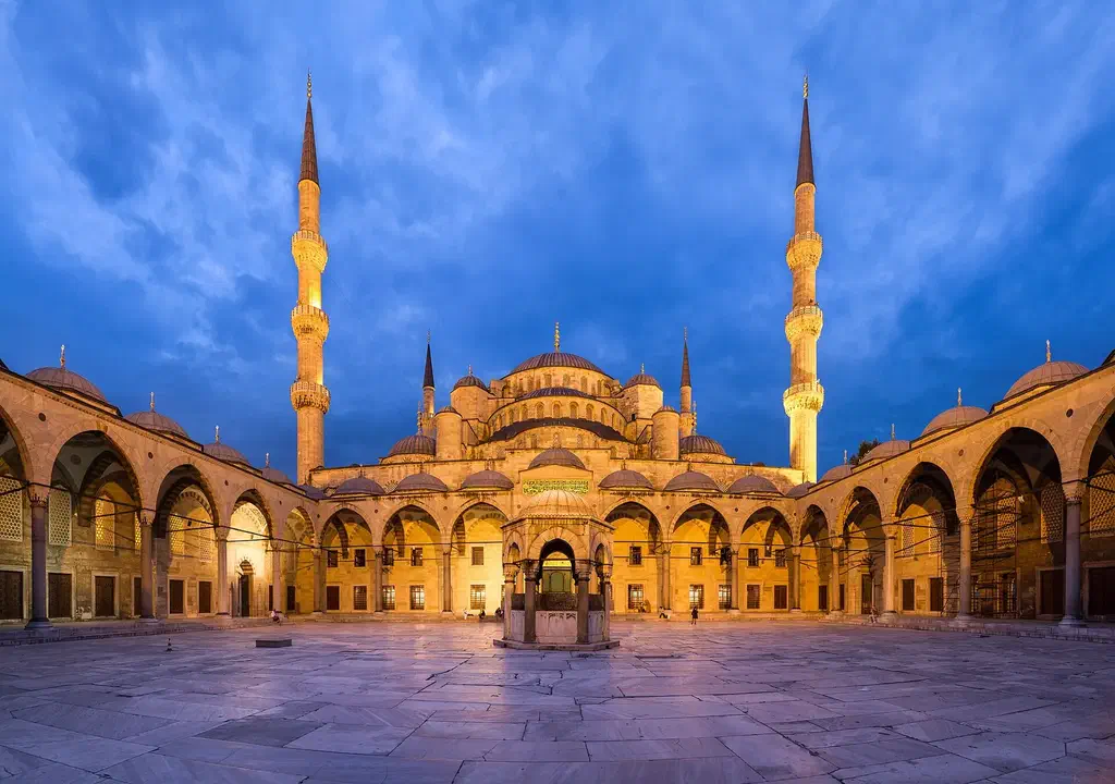 The arcaded courtyard and central fountain of the Blue Mosque in Istanbul