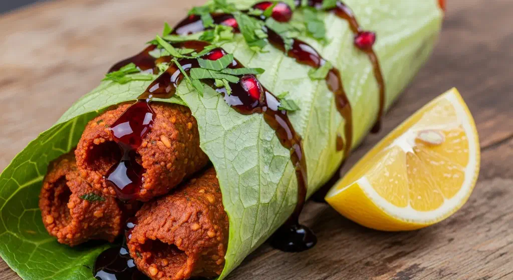 Çiğ köfte, a spiced bulgur patty, served in a lettuce leaf with pomegranate molasses and lemon