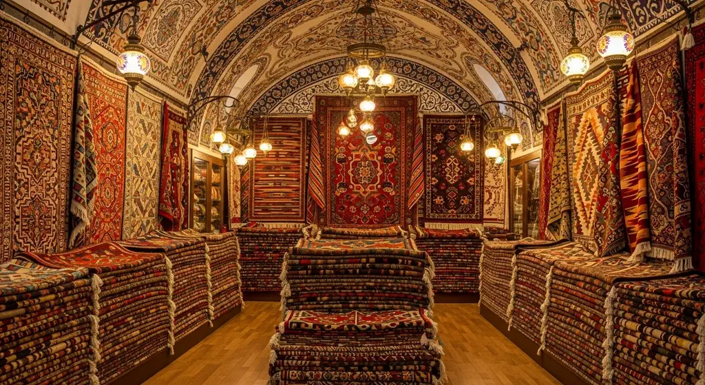 A carpet and kilim shop in the Grand Bazaar with colourful rugs stacked and hanging