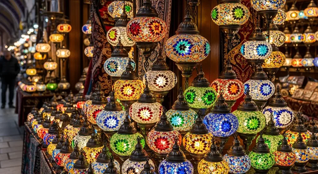 A stall of glowing Turkish mosaic lamps in a covered Istanbul bazaar