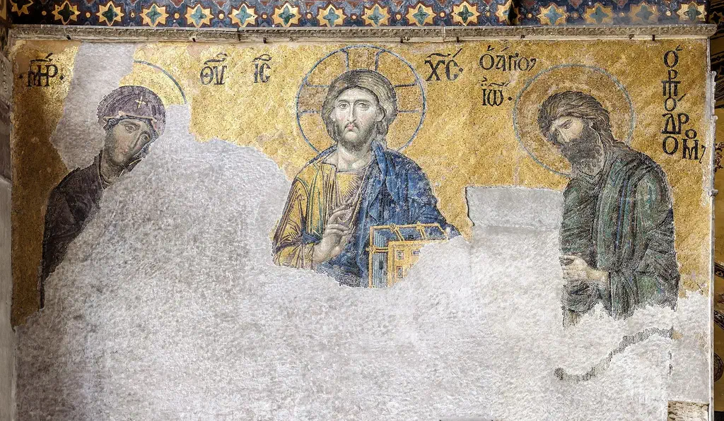The Byzantine Deësis mosaic in Hagia Sophia’s upper gallery, Christ flanked by the Virgin Mary and John the Baptist