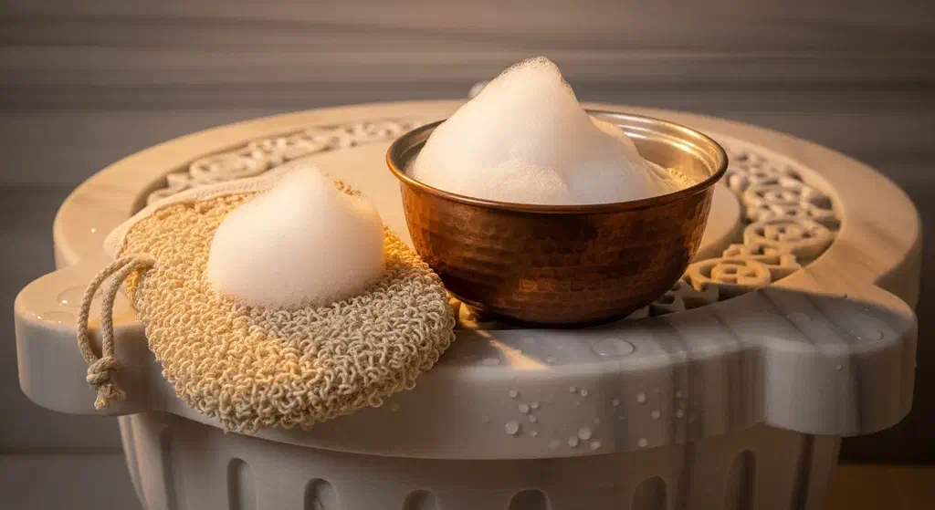 A copper bowl and a rough kese exfoliating mitt with soap foam on a marble hammam basin
