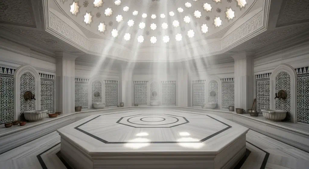 The domed marble interior of a historic Turkish hammam with light beams through the ceiling