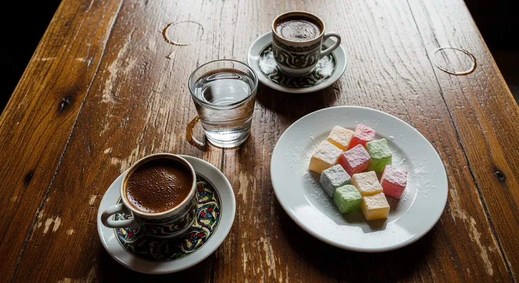 A marble-topped table in an old Istanbul coffee house with two upturned Turkish coffee cups on saucers and a plate of Turkish delight