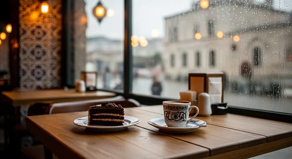 A cosy Istanbul café with a cup of Turkish coffee beside a rain-streaked window