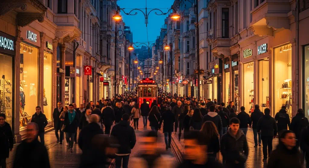 A busy Istanbul pedestrian street in the evening with the nostalgic red tram and crowds