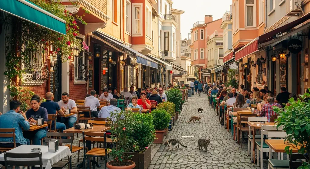 A quiet cafe-lined side street in Kadıköy on the Asian side of Istanbul in the morning light