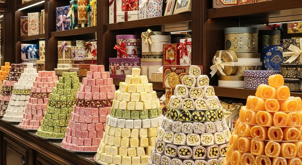 The interior of a traditional Istanbul sweet shop with towers of colourful lokum and stacked gift boxes