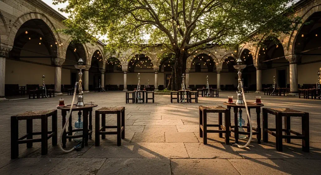 Nargile pipes and low stools in an old Ottoman medrese courtyard in Istanbul under a plane tree