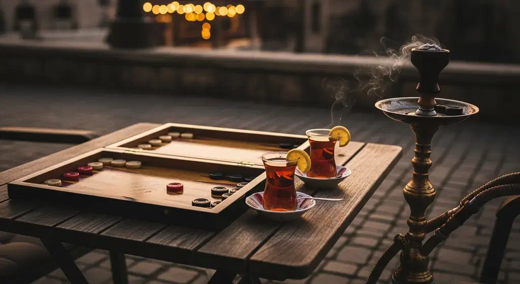 A backgammon board mid-game beside two glasses of Turkish tea and a nargile pipe