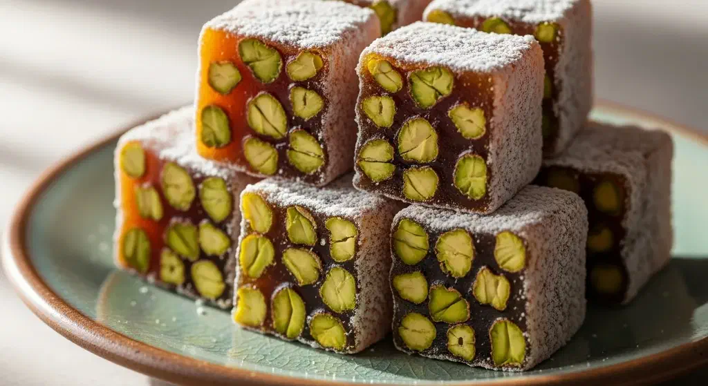 A close-up of pistachio Turkish delight cut open to show the whole green pistachios inside