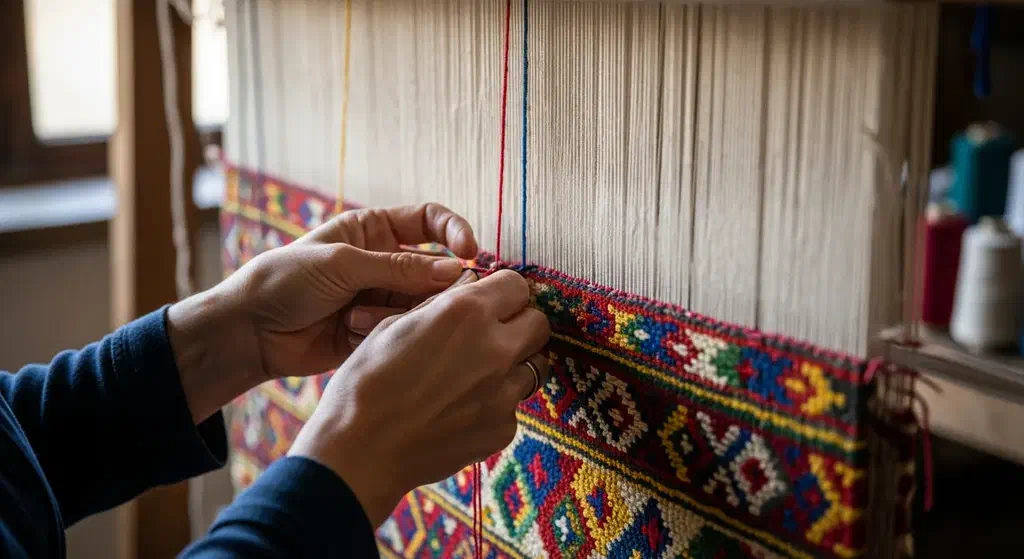 A weaver’s hands tying knots in coloured wool on a vertical carpet loom