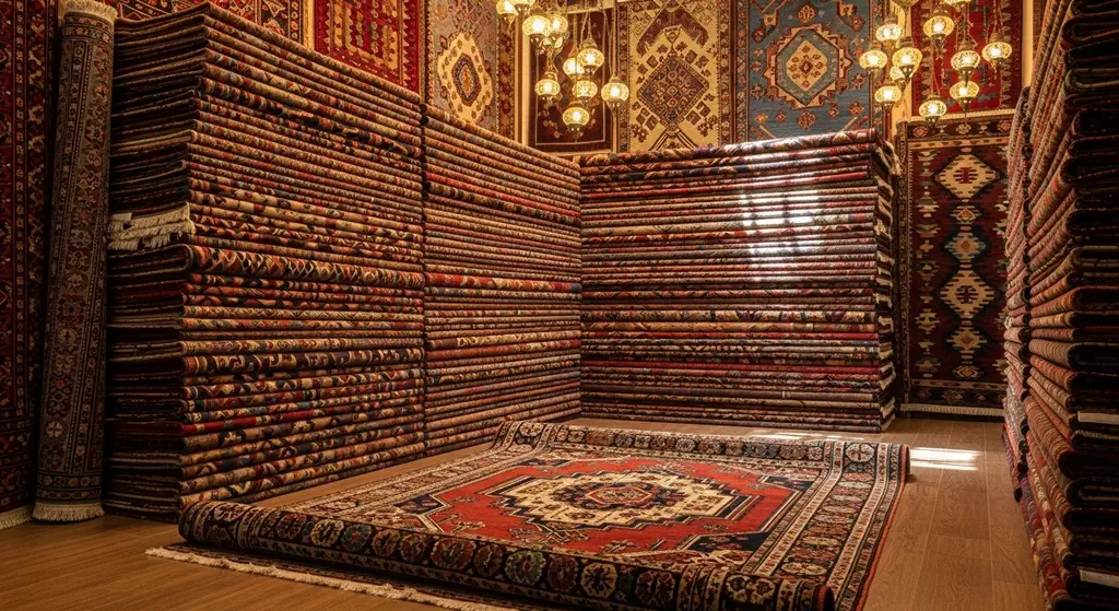 Stacked and hanging hand-knotted carpets and kilims in an Istanbul carpet shop