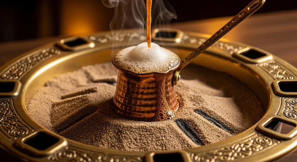 Turkish coffee brewing in a long-handled copper cezve buried in hot sand at an Istanbul café