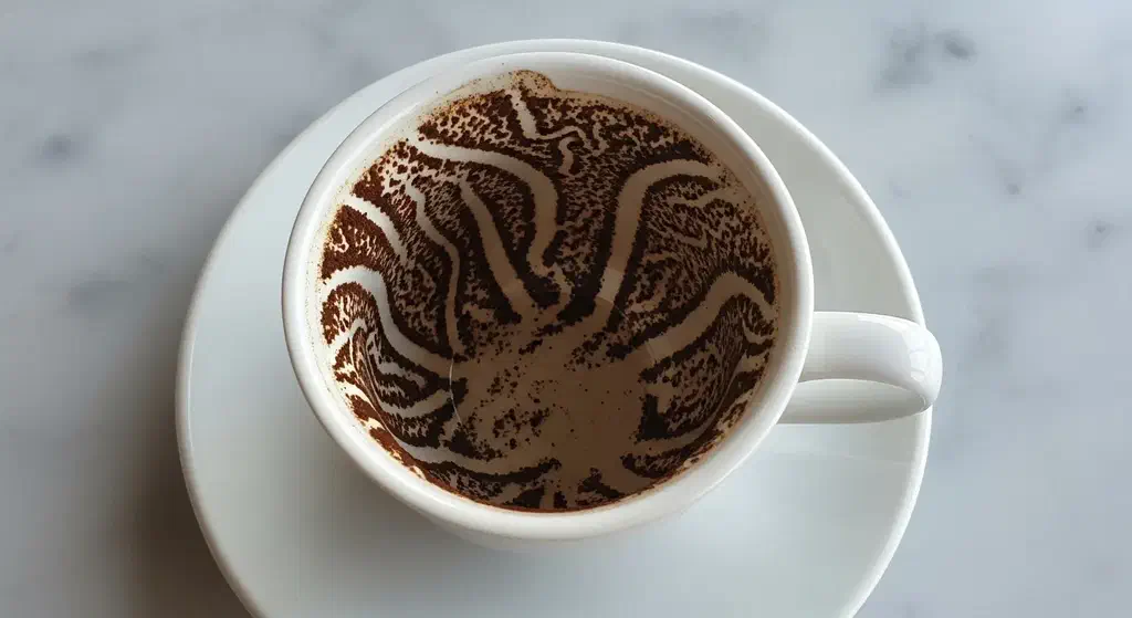 Looking down into an empty Turkish coffee cup where dried grounds have formed shapes on the white porcelain walls