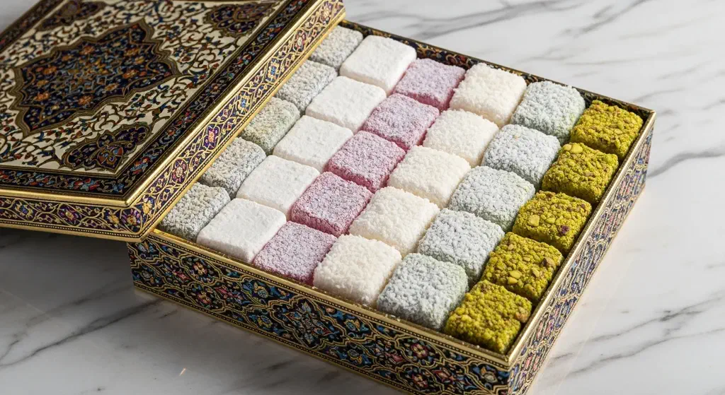 An open decorative gift box of assorted Turkish delight ready to take home