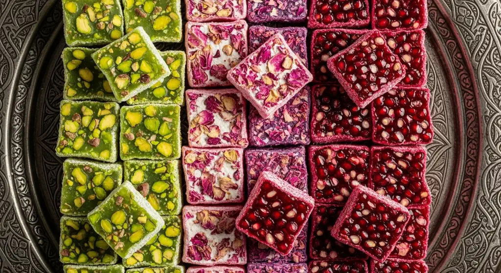 An assortment of colourful Turkish delight dusted with powdered sugar on an ornate tray