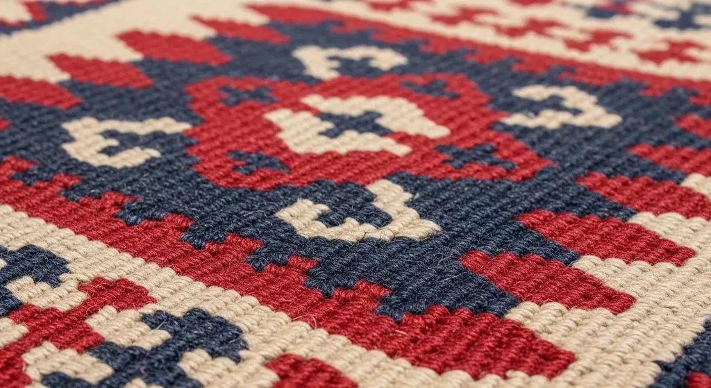 Macro view of a hand-woven wool kilim showing the geometric weave and individual threads
