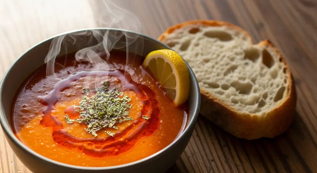 A bowl of Turkish red lentil soup with lemon wedges and a swirl of red pepper butter on top