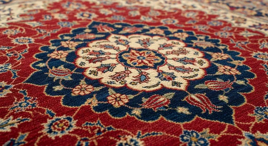 Close-up of a silk Turkish rug catching the light, the pile shifting shade as it turns