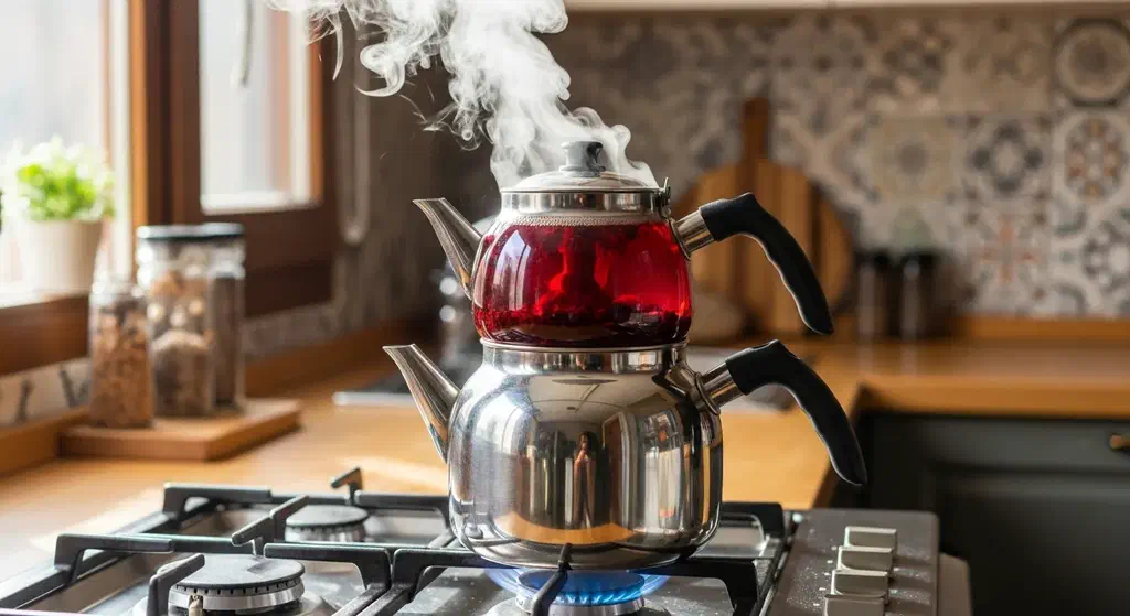 A traditional stacked Turkish tea kettle steaming on the stove as it brews red çay